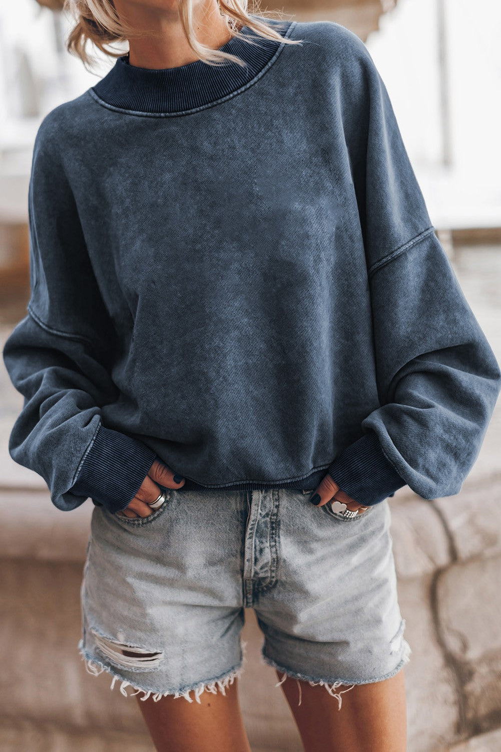 Blue Drop Shoulder Crew Neck