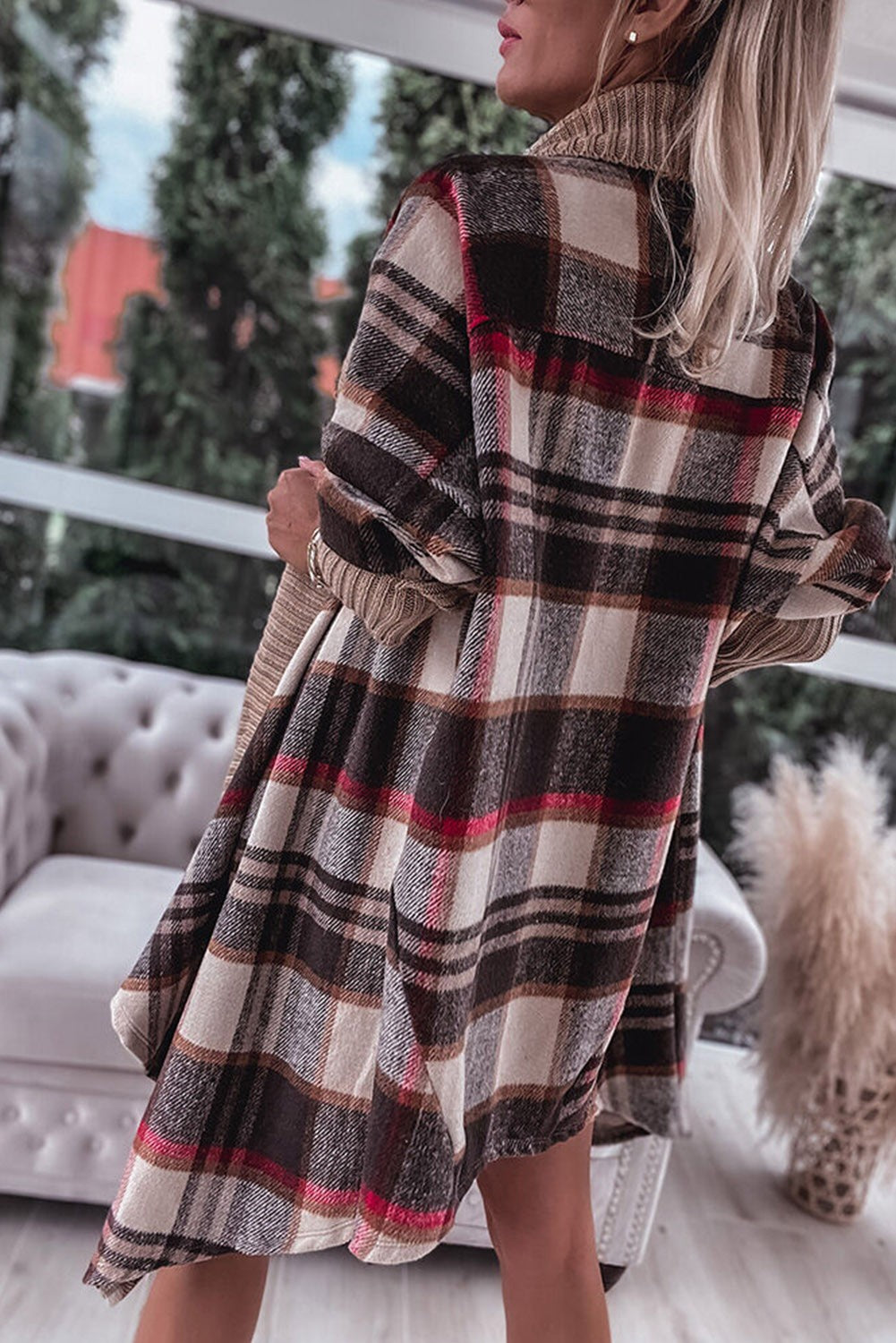 Checkered Ribbed Open Cardigan